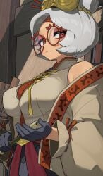 1girls breasts clothed female glasses hizake holding_object huge_breasts kashu_(hizake) looking_at_viewer nintendo purah purah_(tears_of_the_kingdom) red_eyes tears_of_the_kingdom the_legend_of_zelda tied_hair tight_clothing white_hair