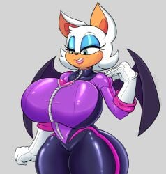 anthro bat bat_humanoid big_breasts blue_eyes blue_eyeshadow breasts chiropteran chiropteran_humanoid eyeshadow female female_only flavorcream gloves huge_breasts jumpsuit large_breasts latex leather_wings lipstick netflix no_bra rouge_the_bat rouge_the_bat_(prime) sega sonic_(series) sonic_prime sonic_the_hedgehog_(series) tan_body tan_skin white_fur wide_hips wings zipper