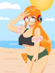 ass ass_up bangs beach big_ass big_butt big_glasses black_skirt breasts clothed clouds fanart floatie gesture glasses green_clothing green_panties headphones light-skinned_female light_skin long_hair lunartempt ocean orange_hair persona persona_5 photoshoot purple_eyes sakura_futaba selfie smile smiling sun sunlight tank_top tanktop wholesome wide_hips