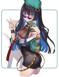 ass bare_shoulders beret black_hair black_shorts blue_hair bracelet breasts buttons cellphone colored_inner_hair double-breasted eyeliner fate/grand_order fate_(series) female green_headwear green_jacket grey_eyes grin hat highres jacket jewelry long_hair long_sleeves looking_at_viewer looking_over_eyewear looking_over_glasses looking_over_sunglasses makeup multicolored_hair neck_ring o-ring off_shoulder phone purple-tinted_eyewear round_eyewear shorts sidelocks small_breasts smile solo streetwear sunglasses tenochtitlan_(fate) thighs tinted_eyewear tlaloc_(fate) ura_illust v wavy_hair zipper