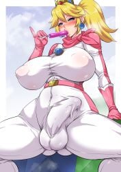 1futa alternate_version_available ass_visible_through_thighs balls big_breasts big_penis blonde_hair blue_eyes blush breasts bulge clothed clothing crown ear_piercing earrings erect_nipples erect_nipples_under_clothes erect_penis erection erection_under_clothes fully_clothed futa_only futanari hair headwear huge_breasts human jumpsuit legs_spread light-skinned_futanari light_skin lips mario_(series) musashino_sekai nintendo nipple_bulge nipples_visible_through_clothing pale-skinned_female penis ponytail popsicle princess_peach solo solo_futa steam steaming_body super_mario_bros._(2023_film) thick_lips