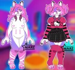 animal_ears character_sheet chubby chubby_belly clothed_variant emo furry fursona nude_variant original_character pierced_nipples piercings raquel_(original_character) reference_sheet scene_hair scene_kid scenecore thick_thighs