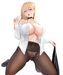 1girls alternate_costume ass_visible_through_thighs azur_lane bare_shoulders black_pantyhose black_skirt blonde_hair bottomless choker cleavage covered_navel covered_nipples glasses glasses_removed hair_between_eyes hi_res holding_clothes implacable_(azur_lane) implacable_(shepherd_of_the_"lost")_(azur_lane) kneeling large_breasts light-skinned_female light_skin long_hair mippei navel no_bra official_alternate_costume open_clothes open_mouth panties pantyhose red_eyes sidelocks skirt solo string_panties teeth thighs tongue tongue_out white_background white_panties white_shirt