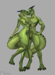 1boy 1girls abs absurd_res acupa anthro blue_eyes duo female genitals green_body hi_res male male/female muscular nipples penis standing tagme tail