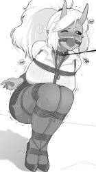 bagel_(bagelbomb) bagelbomb ball_gag ball_gagged ballgagged bondage clothed horns leash leash_pull monster_girl no_color office_lady submissive_female