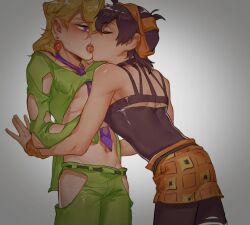 2boys against_wall blonde_hair dark_hair femboy_on_femboy femboydom femboysub jojo's_bizarre_adventure jojo_reference male male_only narancia_ghirga pale_skin pannacotta_fugo tan_body tan_skin tongue_kiss tongue_out vento_aureo yaoi