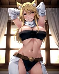 1girls ai_generated akame_ga_kill! armpits arms_behind_head big_breasts blonde_hair busty large_breasts legs leone_(akame_ga_kill!) looking_at_viewer sensual sexy_armpits smile thighs voluptuous