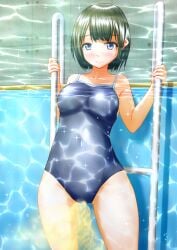 bob_cut green_hair light_blush one-piece_swimsuit original original_character peeing peeing_self peeing_underwater pullpull15 sukumizu swimming_pool swimsuit swimwear urinating urinating_female urination urine urine_stream