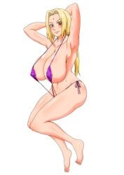 1girls alternate_version_available areola_slip areolae armpits big_breasts blonde_hair breasts brown_eyes cleavage female female_only forehead_jewel full_body hair hands_behind_head huge_breasts legs lips mature mature_female mature_woman milf naruto naruto_(series) purple_sling_bikini rarurera skimpy skimpy_bikini sling_bikini smile solo solo_female swimwear thighs tsunade