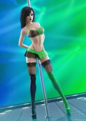 1girls artist_name black_lipstick bra disney disney_channel female female_only fishnets high_heel_boots high_heels kim_possible microskirt nipples shego solo standing stripper stripper_pole therealzoh thighhighs zoh