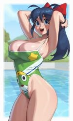 1girls 2023 aki_hinata blue_hair breasts cleavage female female_focus female_only hips keroro_gunsou large_breasts light-skinned_female light_skin long_hair milf naughty_face one-piece_swimsuit ponytail rizdraws slim_waist smile swimsuit thick_thighs thighs wide_hips