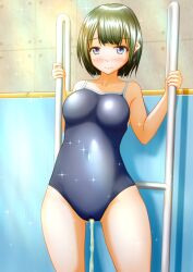 bob_cut green_hair light_blush one-piece_swimsuit original original_character peeing peeing_self peeing_underwater pullpull15 sukumizu swimming_pool swimsuit swimwear urinating urinating_female urination urine urine_stream