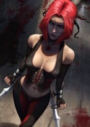 1girls anziosta blades blood bloodrayne breasts choker corset detailed_background dhampir elbow_gloves female female_only full_body fully_clothed green_eyes medium_hair nail_polish rayne red_hair short_hair solo vampire weapon