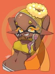 1girls abs armpit_crease armpit_fetish armpit_peek armpit_pose armpit_sex_invitation armpits arms_behind_head arms_up background big_breasts breasts busty cleavage clothed_female dark-skinned_female dark_skin deep_cut_(splatoon) fit fit_female frye_(splatoon) hair_ornament inkling inkling_girl looking_at_viewer monochrome_background presenting_armpit presenting_armpits seductive seductive_look seductive_smile simple_background smile smiling solo solo_female solo_focus splatoon splatoon_(series) splatoon_3 tentacle_hair underboob yellow_hair zeicomi100yen