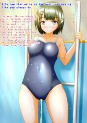 bob_cut dialogue green_hair light_blush one-piece_swimsuit original original_character peeing peeing_self peeing_underwater pullpull15 sukumizu swimming_pool swimsuit swimwear urinating urinating_female urination urine urine_stream