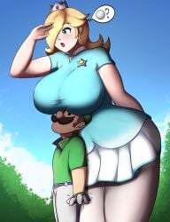 1girls charlydibulol female giantess larger_female luigi macro mario_(series) mario_golf mini_giantess pantyhose princess_rosalina size_difference smaller_male white_pantyhose