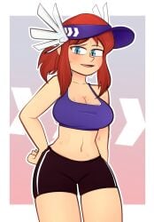 a_hat_in_time aged_up arkeus blue_eyes blush breasts brown_hair hat_adult hat_kid large_breasts leggings_spats navel purple_sports_bra short_shorts shorts spats sports_bra sportswear wide_hips