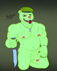 absurd_res anthro anthro_only bear beret bodily_fluids clothing dog_tags flat_colors flippy_(htf) foreskin fur gay genital_fluids genitals green_body green_fur happy_tree_friends hat headgear headwear hi_res kneeling knife looking_at_viewer male mammal mckodimus military musclegut nipples penis precum scar simple_background sitting solo tongue tongue_out yellow_eyes