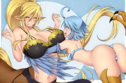 2girls ahoge blonde_hair blue_hair blush bra brown_eyes centaur centorea_shianus closed_eyes equid_taur female female_only garter_belt garter_straps harpy huge_breasts lindaroze lingerie long_hair looking_at_another monster_girl monster_musume_no_iru_nichijou multiple_girls navel panties papi_(monster_musume) short_hair small_breasts stockings taur winged_arms wings