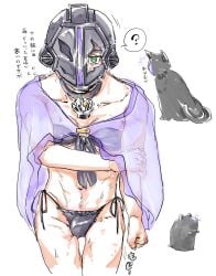 ? aged_down bikini black_bikini bondrewd bulge cape choker collar crossdressing femboy green_eyes helmet japanese_text looking_at_viewer made_in_abyss male male_only mask masked masked_male see-through_clothing side-tie_bikini solo sweat swimsuit thigh_gap twink vulya1225_holic