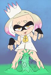 1girls 5_fingers blue_background blush crown female fingerless_gloves nintendo obscurabuns octoling oerba_yun_fang pearl_(splatoon) splatoon sweating tentacle tongue tongue_out yellow_eyes zipper