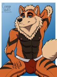 anthro arcanine blue_background blue_eyes bulge canid canine clothing crimsonwolfi3 fur generation_1_pokemon hi_res jockstrap looking_at_viewer male mammal muscular muscular_male nintendo nipples orange_body orange_fur pokemon pokemon_(species) red_clothing red_jockstrap red_underwear simple_background sitting smile smiling_at_viewer solo spread_legs spreading underwear