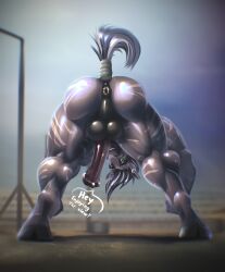 absurd_res animal_genitalia animal_penis anthro anus ass balls_outline big_muscles bottomwear bulge clothing dialogue digitigrade ear_piercing equid equine equine_genitalia equine_penis genital_outline genitals hi_res hooves huge_muscles huge_thighs looking_at_viewer looking_back looking_back_at_viewer male mammal muscular muscular_anthro muscular_butt muscular_male muscular_thighs penis piercing rizzy_stripe rizzyofen smile solo speech_bubble stretching talking_to_viewer thick_thighs zebra