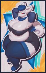 2023 absurd_res anthro belly big_belly big_breasts blue_hair bottomwear breasts cleavage clothed clothing digital_media_(artwork) english_text eyelashes female fur generation_6_pokemon hair hands_behind_head hi_res huge_breasts huge_hips huge_thighs hyper_bimbo legwear looking_at_viewer meowstic navel neck_tuft nintendo overweight overweight_female patacon pokemon pokemon_(species) red_eyes shorts solo text thick_thighs thigh_highs tuft white_body white_fur wide_hips