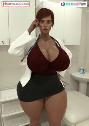 1girls 3d adjusting_glasses alternate_body_type big_breasts big_thighs bimbo bottom_heavy breasts busty caucasian caucasian_female cleavage cropped_legs curvaceous curvy curvy_figure dark_red_hair digital_media_(artwork) doctor doctor_valentine_(tonices) exposed_pussy eyebrows eyelashes fat_mons female female_focus female_only front_view glasses going_commando grey_skirt hairless_pussy hand_on_hip hips hourglass_figure huge_ass huge_breasts huge_thighs human hyper_thighs lab_coat labcoat large_ass large_breasts legs light-skinned_female light_skin lips long_sleeves mature mature_female no_panties nurse original original_character plump_vulva puffy_pussy red_hair red_lips short_hair skirt solo stethoscope subtle_pussy tan_skin thick thick_hips thick_legs thick_thighs thighs tonices upskirt vulva