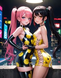 2girls ai_generated black_hair blue_eyes breasts dress earrings female female_only fluffymammoth gloves jewelry latex long_hair looking_at_viewer multiple_girls neon_lights petite pink_hair ponytail small_breasts smile thighhighs yellow_eyes