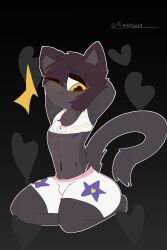 armpits arms_up big_penis blink bulge bulge_through_clothing castinly dark_fur feline femboy furry girly implied_erection koda_(kodypaws) looking_at_viewer male male_only short_hair simple_background tail thick_thighs wide_hips