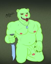 absurd_res anthro anthro_only bear bodily_fluids dog_tags flippy_(htf) foreskin fur gay genital_fluids genitals green_body green_fur happy_tree_friends hi_res kneeling knife looking_at_viewer male mammal mckodimus musclegut nipples penis precum scar sitting solo tongue tongue_out yellow_eyes