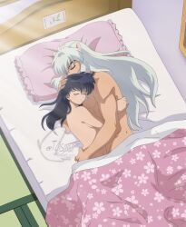 1boy1girl 2023 after_sex artist_name artist_signature bed bedroom blanket canon_couple closed_eyes cuddling dark_blue_hair dog_boy dog_ears green_floor hand_behind_head hand_on_butt hands_behind_back hugging husband_and_wife inuyasha inuyasha_(character) kagome_higurashi laying_on_bed naked naked_female naked_male necklace pillow pink_blanket pink_pillow silver_hair sleeping sleeping_naked sleeping_together smile sunlight taisana under_covers watermark yashahime:_princess_half-demon