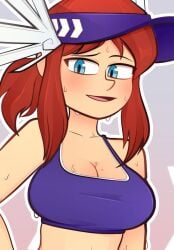 a_hat_in_time aged_up arkeus blue_eyes blush breasts brown_hair close-up hat_adult hat_kid large_breasts purple_sports_bra sports_bra sportswear