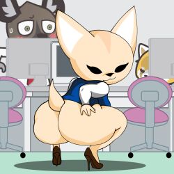 aggressive_retsuko ailurid anthro ass bedroom_eyes big_ass big_breasts big_butt black_eyelashes black_nose blue_clothing blush bottomless breasts brown_high_heels canid canine chair clothed clothing computer crouching eifiemoth female female_focus fennec fenneko footwear fox fur furniture group haida half-closed_eyes hand_on_butt high_heels huge_ass huge_butt hyena inside looking_at_viewer looking_back male mammal narrowed_eyes office_clothing partially_clothed presenting presenting_hindquarters pumps rear_view red_panda retsuko sanrio seductive shoes short_stack smile smooth_fur solo_focus spotted_hyena thick_thighs wide_hips