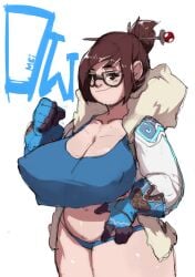 1girls adapted_costume belly big_breasts blue_gloves blue_panties breast_bigger_than_head breasts brown-framed_eyewear brown_eyes brown_hair character_name cleavage clenched_hand closed_mouth collarbone copyright_name covered_nipples crop_top crop_top_overhang curvy erect_nipples erection_under_clothes female female_focus female_only fur_coat glasses gloves hair_bun hair_ornament hair_stick hand_on_own_belly huge_breasts large_breasts looking_at_viewer maiz-ken mei_(overwatch) mole navel nipples nipples_visible_through_clothing no_pants overwatch panties pantsless parka short_hair single_hair_bun smile smiling smiling_at_viewer solo swept_bangs thick_thighs thighs underwear