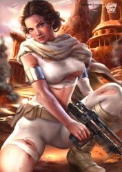 1girls attack_of_the_clones bare_midriff blood desert deviantart female female_only fight front_view geonosis gun holding_weapon logan_cure looking_at_viewer natalie_portman outside padme_amidala scar solo squatting star_wars torn_clothes torn_shirt underboob watermark weapon white_clothing