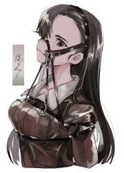 1girls asymmetrical_bangs bit_gag bondage breasts bridle brown_eyes brown_hair brown_shirt gag gagged girls_und_panzer hair_over_one_eye harness harness_bit_gag long_hair looking_at_viewer medium_breasts nishi_kinuyo petplay ponyplay roleplay shirt tama_launcher