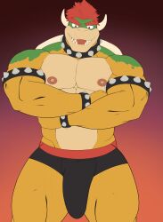 1boy abs anthro big_bulge bowser bracelet bulge clothing collar cresxart gay green_body hi_res horn jewelry koopa looking_at_viewer male male_only mario_(series) multicolored_body muscular muscular_anthro muscular_male nails nintendo nipples open_mouth pecs red_hair scalie sharp_nails shell shirtless solo spiked_bracelet spiked_collar spiked_shell spikes spikes_(anatomy) underwear yaoi yellow_body