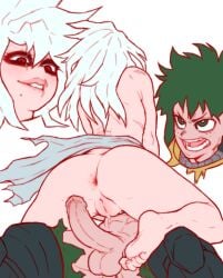 1boy 1girls anus ass ass_focus ass_up biting_lip clothed clothing female female_focus female_human female_on_top genderswap_(mtf) hensket izuku_midoriya large_penis lips long_hair male male/female midoriya_izuku my_hero_academia nude nude_female pussy pussy_juice pussy_juice_drip ripped_clothing rule_63 scar shigaraki_tomura thick thick_ass thick_lips thick_thighs tomura_shigaraki vagina wet wet_pussy white_background white_hair