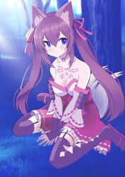 bare_shoulders blue_eyes blush brown_hair caleen_keemosn choker cleavage commission detached_sleeves eyebrows_visible_through_hair female female_only forest fox_ear fox_girl fox_tail garter_belt garter_straps hair_ribbon kemonomimi kitsunemimi large_breasts looking_at_viewer miko mikoko1 multiple_tails runes safe_for_work sitting_on_ground smile star_ocean star_ocean_anamnesis thighhighs twintails very_long_hair wholesome