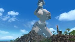 3d animal_humanoid au_ra breast_grab breasts erect_nipples exhibitionism female final_fantasy final_fantasy_xiv giantess hand_on_breast hi_res humanoid macro nipple_piercing nipples nude rymora scalie scalie_humanoid solo spread_legs spreading square_enix taller_female