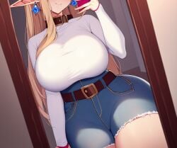 1girls ai_generated alborewimi belt big_breasts blonde_hair blue_jeans collar curvy denim denim_bottomwear denim_clothing denim_jeans denim_shorts earrings elf elf_ears female holding_phone indoors jeans light-skinned_female mirror mirror_selfie nai_diffusion naughty_face out_of_frame pawg pointy_ears round_ass round_butt seductive selfie showing_off slutty_outfit solo solo_focus stable_diffusion taut_shirt tight_clothing tight_jeans white_shirt