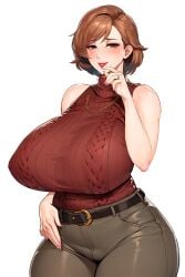 1girls blush breasts brown_hair clothing huge_breasts jeans kisuu lipstick looking_at_viewer mature_female milf nail_polish necklace original plump ring short_hair simple_background sweater thick_thighs wide_hips wife