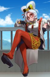 blush bob_cut breasts chinese_clothes clothed fan feet feet_focus folding_fan foot_fetish foot_focus glasses goggles goggles_on_head hair hair_ornament hi_res high_resolution highres japanese_clothes japanese_clothing legs legwear pantyhose purah purah_(tears_of_the_kingdom) red_eyes red_legwear seductive seductive_smile shoeplay shoes shoes_removed short_hair smile tears_of_the_kingdom the_legend_of_zelda thighs white_hair yamauchi_(conan-comy)