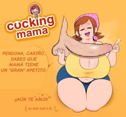 1boy 1girls alternate_version_available big_breasts big_penis bruh censored censored_penis cheating chubby_female closed_eyes clothing cooking_mama cuckold earrings erection female female_focus light-skinned_female light-skinned_male light_skin lipstick mama_(cooking_mama) milf mosaic_censoring pink_lipstick shorts simple_background spanish_text text yellow_background yellow_clothing