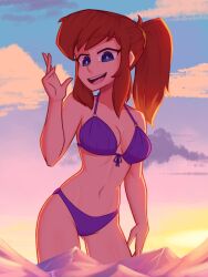 a_hat_in_time ass bikini bikini_bottom bikini_top blue_eyes breasts brown_hair hair_tie happy happy_female hat_adult hat_kid large_ass large_breasts navel ponytail purple_bikini purple_bikini_bottom purple_bikini_top purple_swimsuit swimsuit xyroni