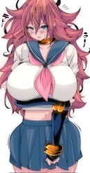 1girls android_21 android_21_(human) belly_button big_breasts blue_eyes blush bracelets brown_hair dragon_ball dragon_ball_fighterz ear_piercing earrings elbow_gloves female gold_jewelry long_hair messy_hair omochi_db school_uniform skirt voluptuous_female vomi_(dragon_ball)