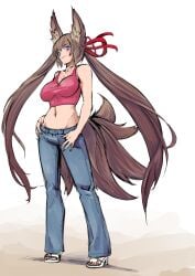 bare_shoulders blue_eyes brown_hair caleen_keemosn commission elotika eyebrows_visible_through_hair female female_only fox_ear fox_girl fox_tail hair_ribbon heels jeans kemonomimi kitsunemimi large_breasts looking_at_viewer makeup midriff multiple_tails nail_polish navel runes safe_for_work simple_background star_ocean star_ocean_anamnesis tank_top twintails very_long_hair wholesome