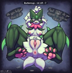 007delta 2023 anthro anus areola blush body_blush breasts cheek_tuft digital_media_(artwork) elemental_creature english_text facial_tuft female fluffy fur generation_9_pokemon genitals green_body green_fur hi_res mask medium_breasts meowscarada multicolored_body multicolored_fur nintendo nipples pawpads pink_areola pink_eyes pink_nipples pink_pussy pokemon pokemon_(species) pokemon_sv presenting presenting_pussy pussy pussy_blush shaded simple_background smug tail tail_motion tailwag text tuft two_tone_body two_tone_fur